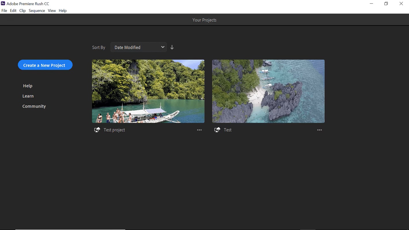 create new project adobe rush