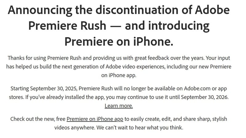 discontinuation of adobe premiere rush