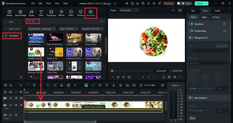 Selecting a video ad template in Filmora.