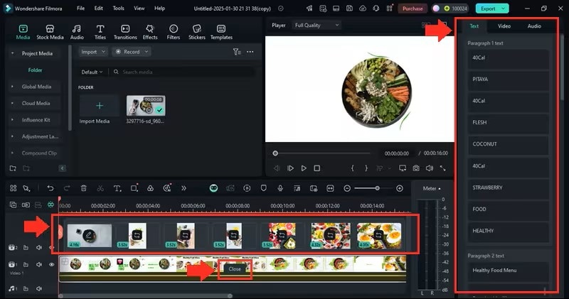 Customizing ad template text in Filmora.