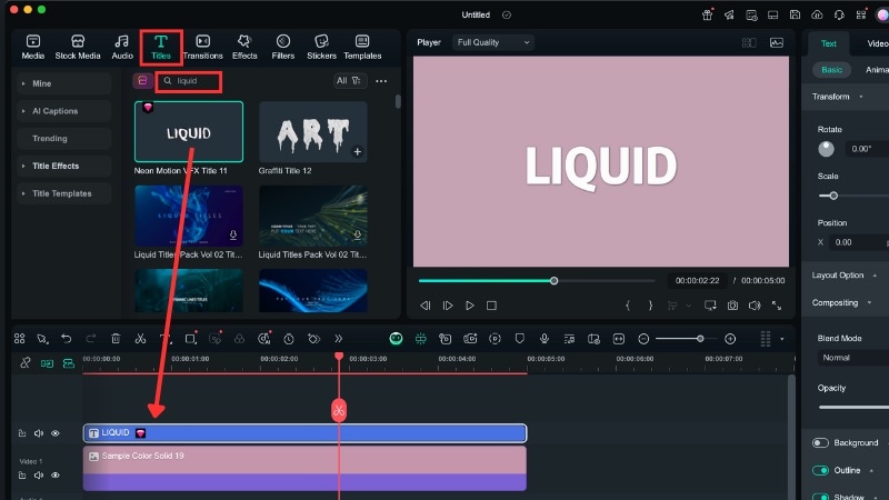find liquid text preset in filmora