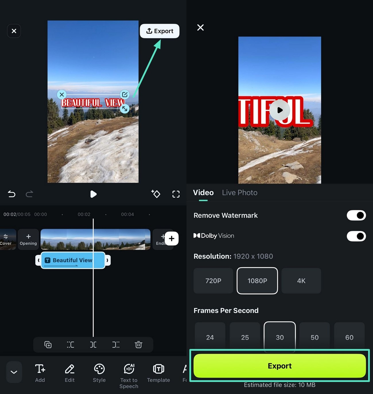 preview animated text video export