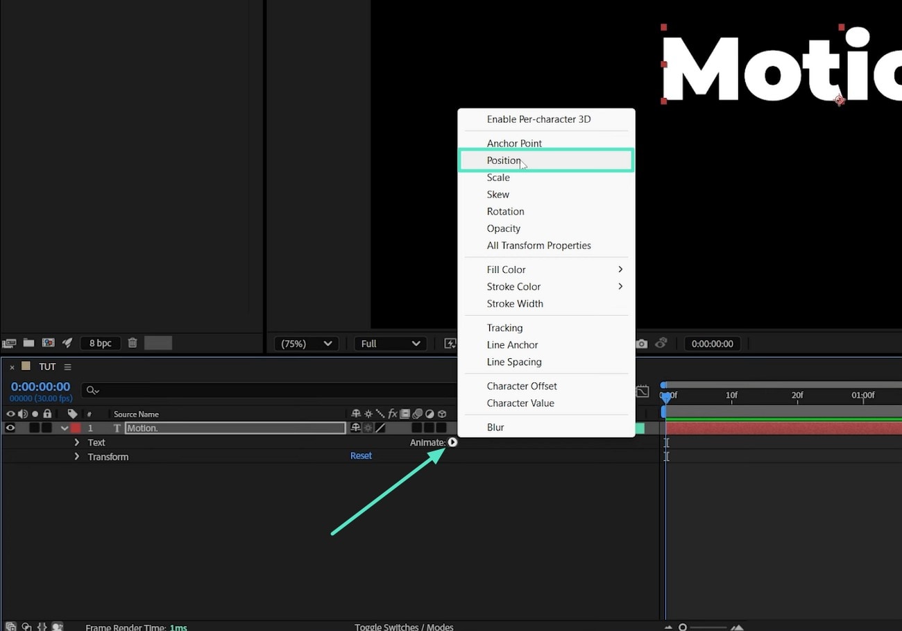 extend animate select position animate text