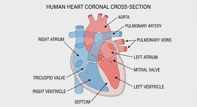 coupe coronale du cœur humain