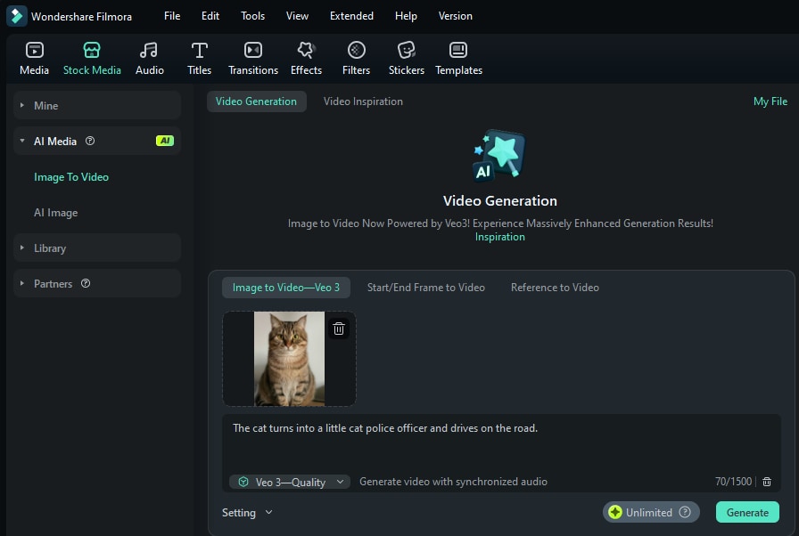 VEO3 on Filmora desktop