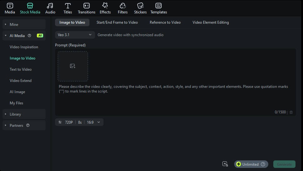 ouvrir l’outil Image to Video dans Filmora