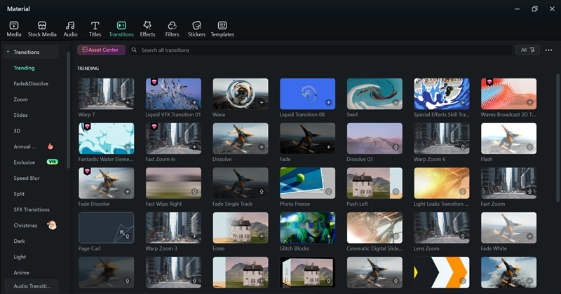 filmora transitions media library