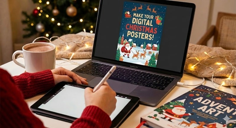 design christmas poster on laptop