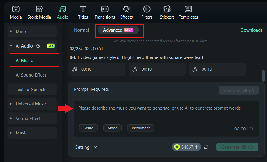 generate your music in filmora