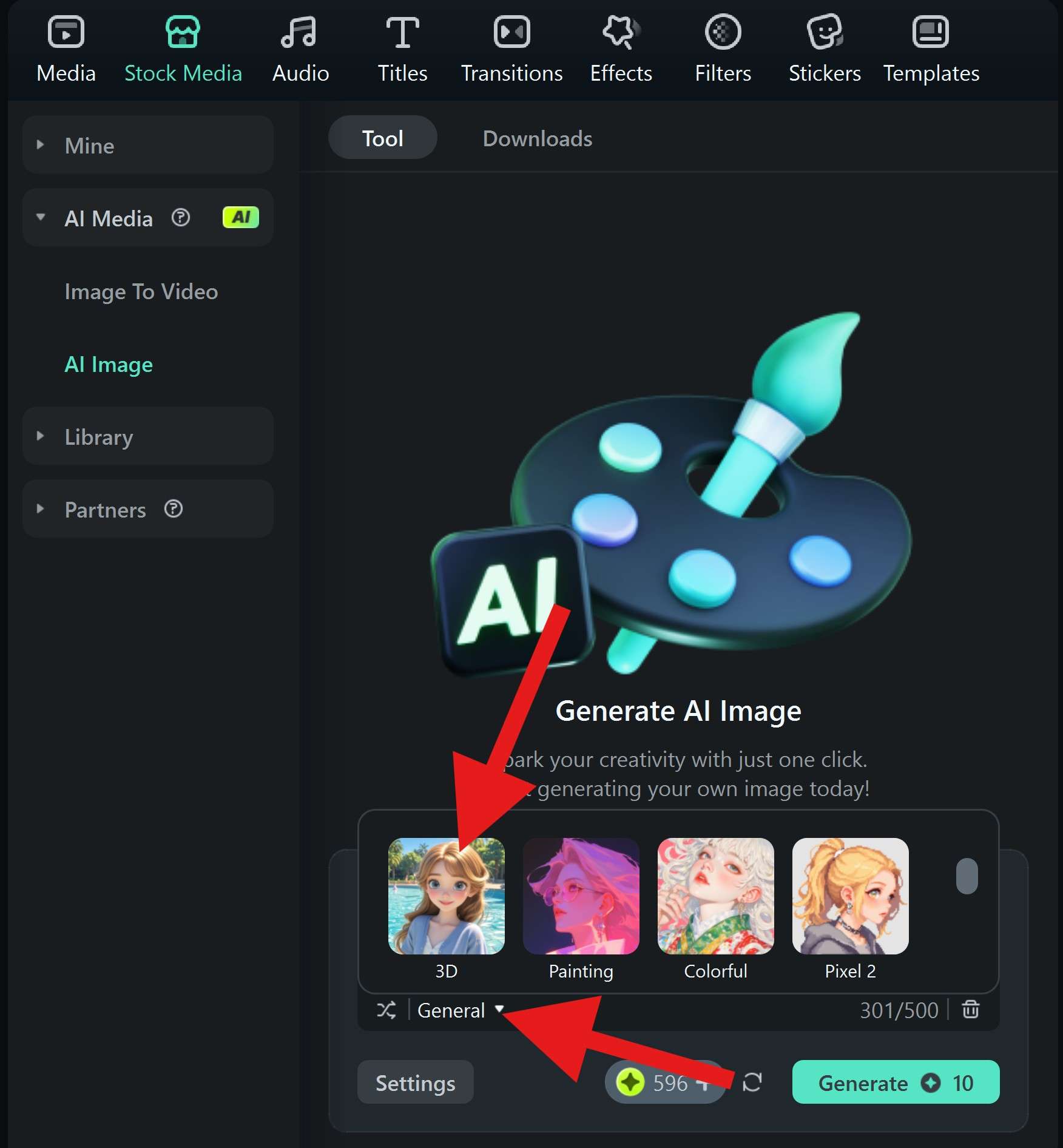 select ai image art style filmora