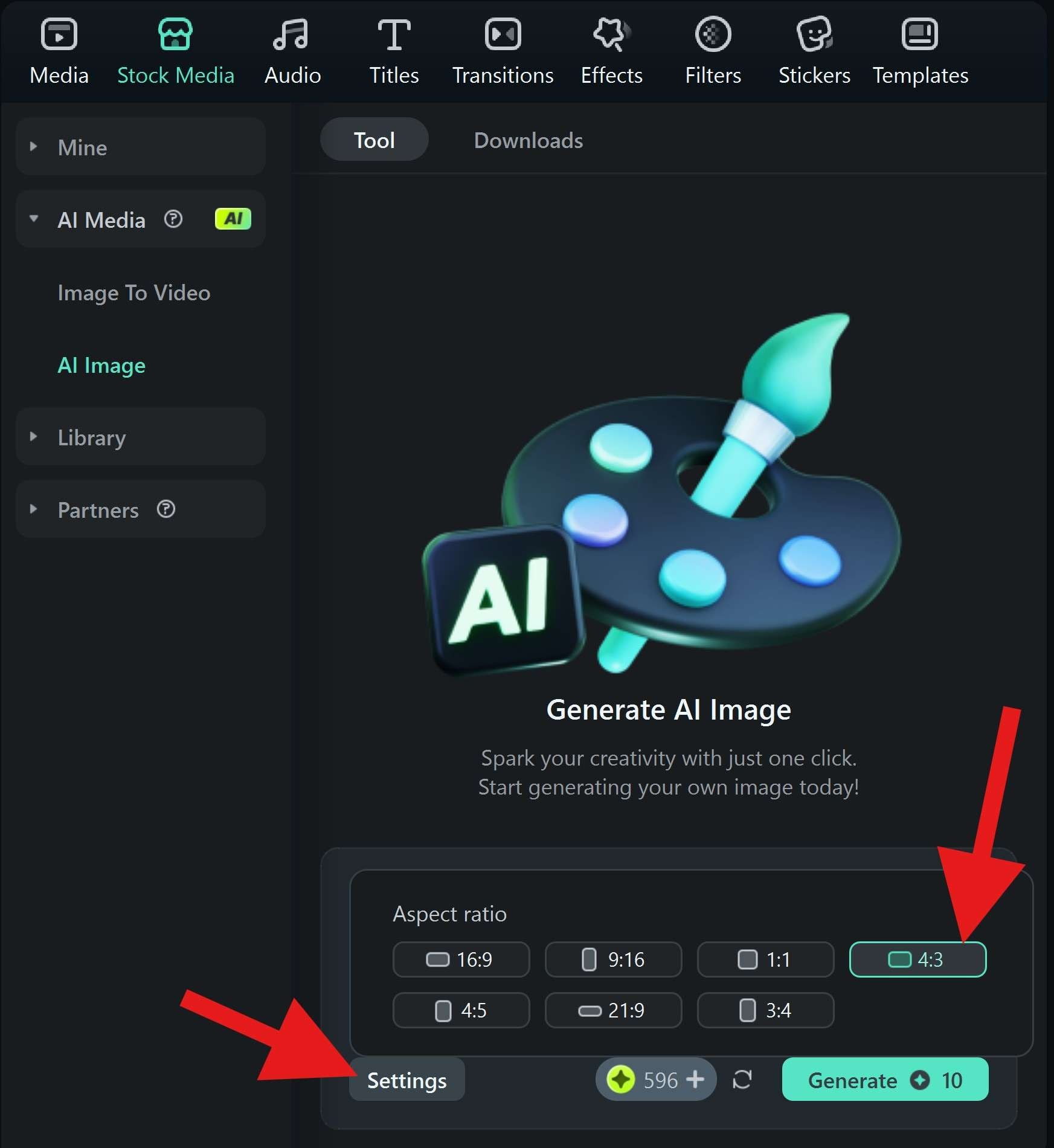 open settings to pick aspect ratio