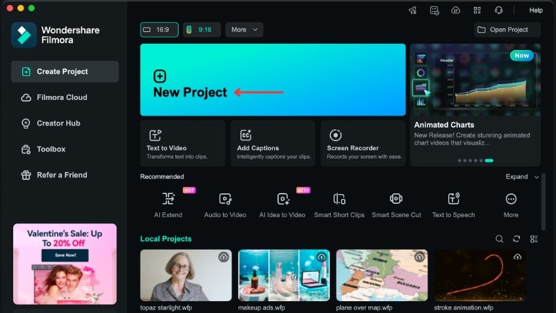 start a new project in filmora