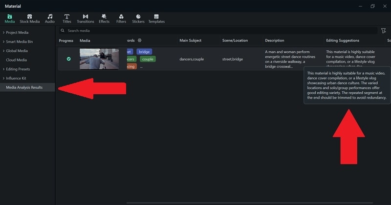 Resultados del análisis de medios en Filmora