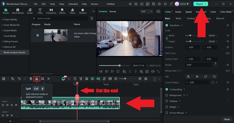 Editar el clip analizado en la línea de tiempo de Filmora