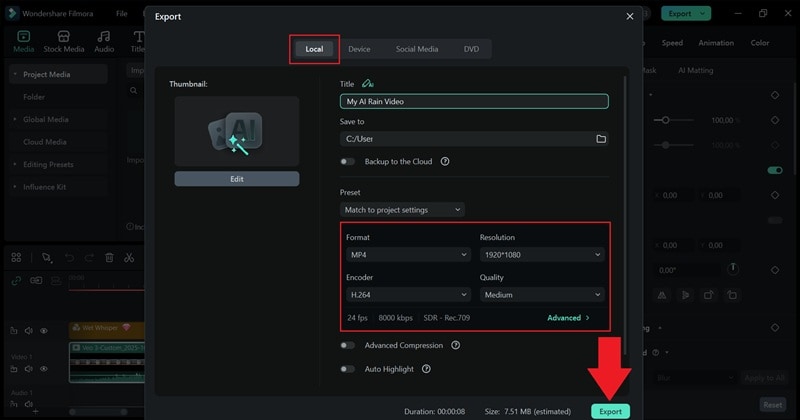 export and save your ai rain video