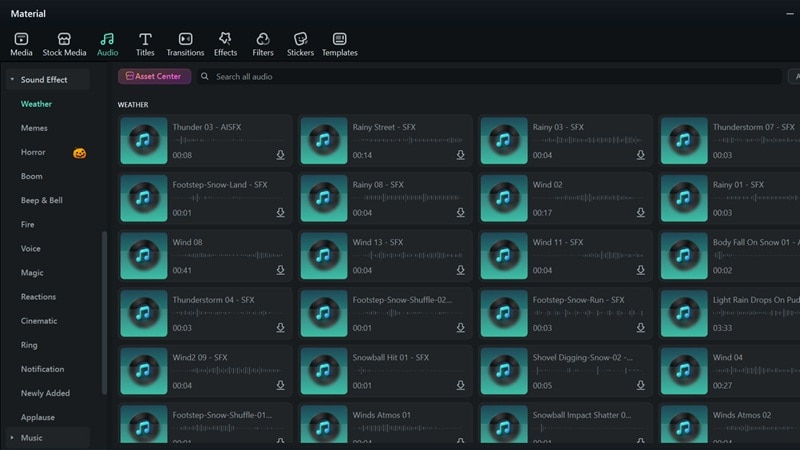 filmora rain sound effects media library