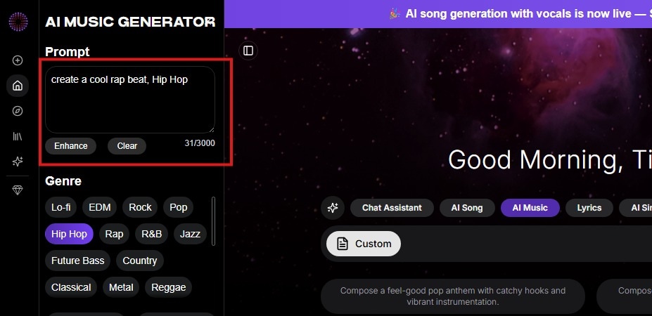 inputting promt on soundverse ai