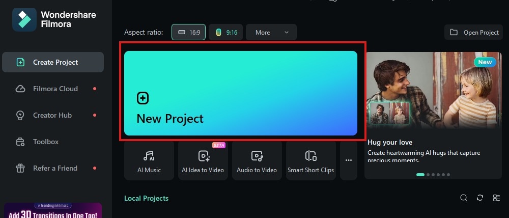 new project on filmora