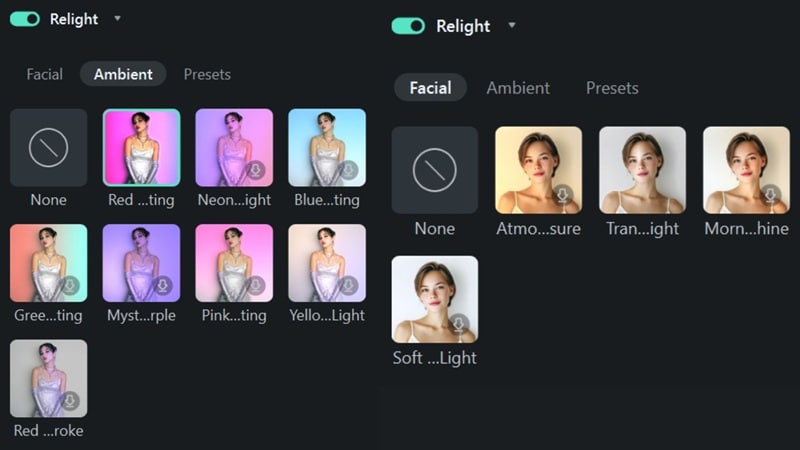 options de préréglages dans filmora ai relight