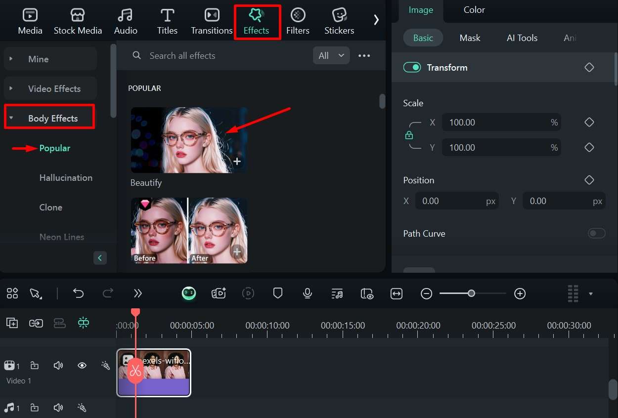 filmora adding beautify effect