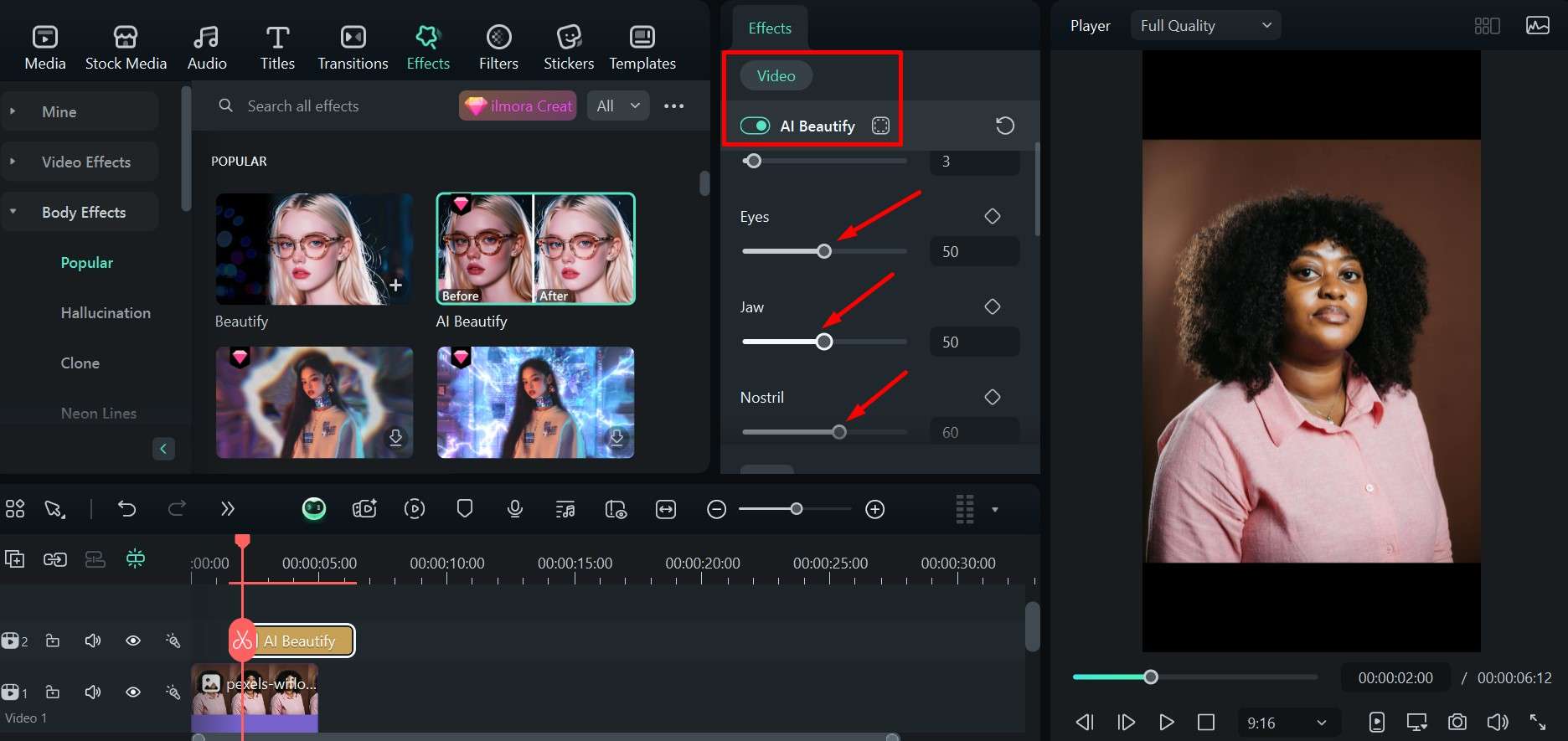 filmora adjusting ai beautify effect