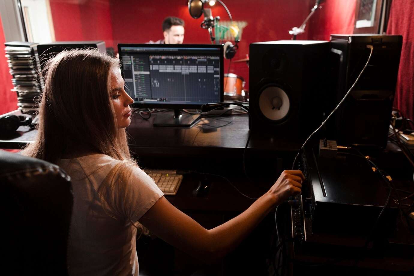 woman enhancing speech on computer