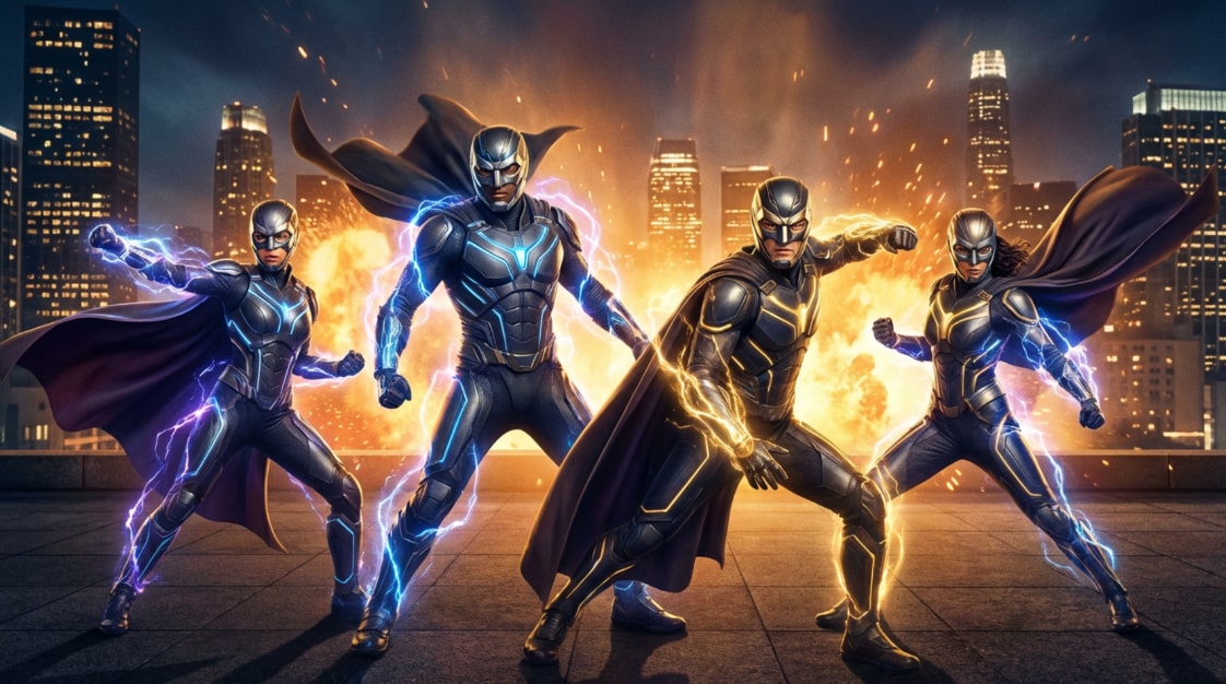 Adding cinematic titles and overlays to AI superhero videos