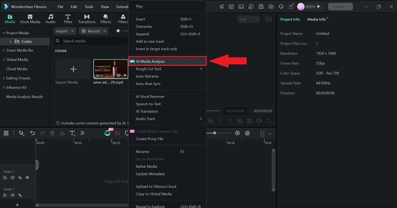 Seleccionar Análisis de Medios con IA en Filmora