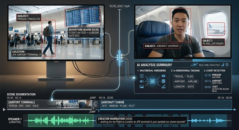 Ejemplo de análisis multimodal de imagen, audio y texto en un video