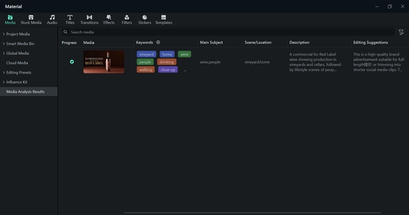 Análisis de Medios con IA dentro de Wondershare Filmora