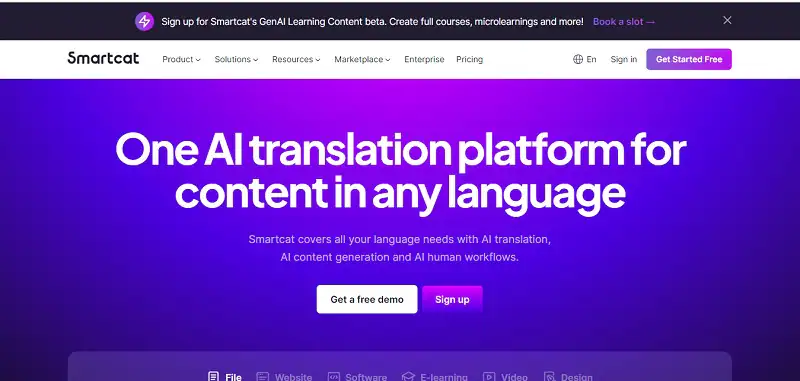 website window of smartcat ai translation