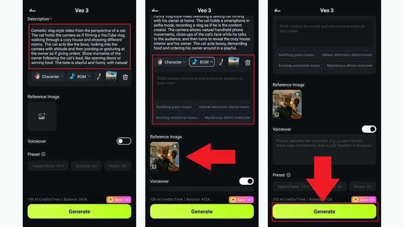 type your prompts and tap generate