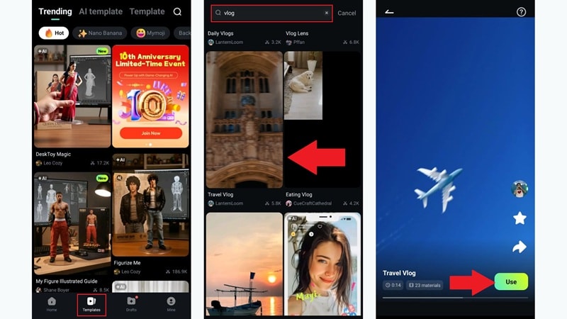 choose travel vlog templates