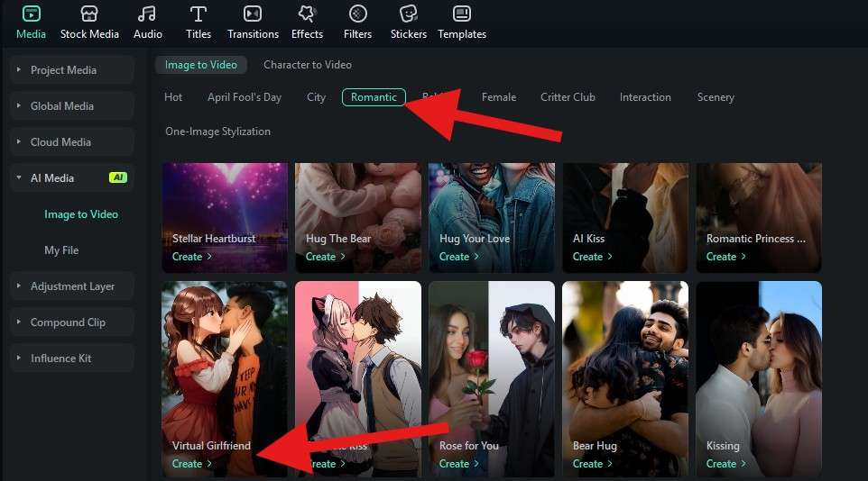 create ai waifu kissing video filmora