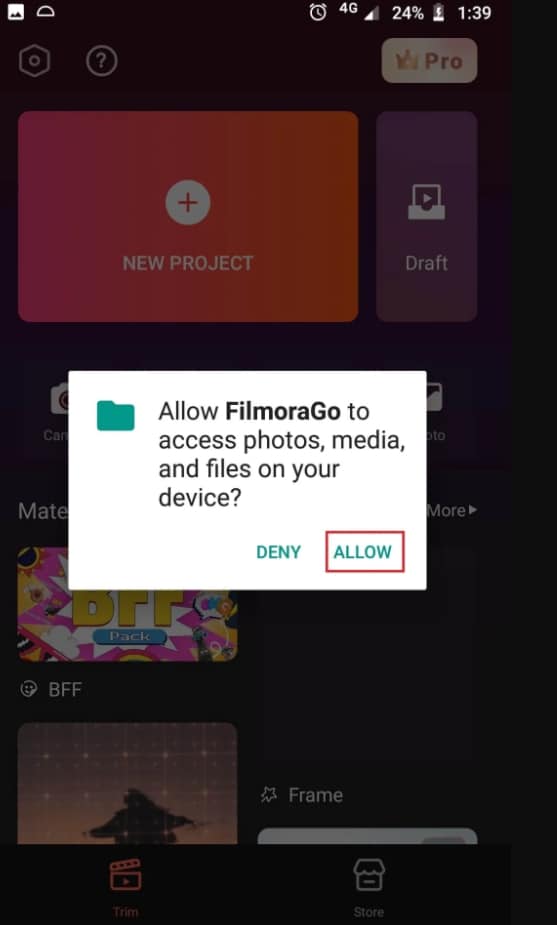 在 android 上允許 filmorago 訪問媒體檔案