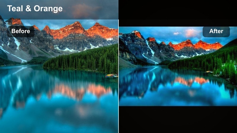 Wide alpine valley with teal and neutral cinematic tones