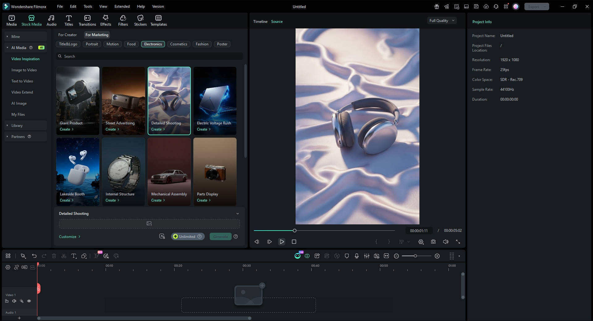 find AI product video templates in Filmora