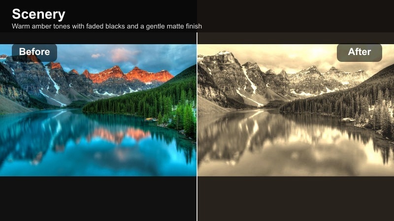 Amber toned sunset landscape with soft faded contrast