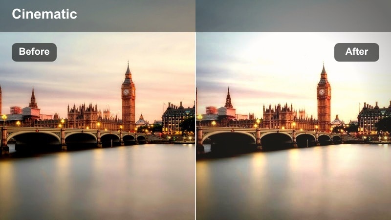 Warm amber city street at night with hazy streetlights and soft bokeh.