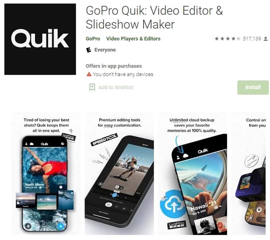 gopro quik play store page