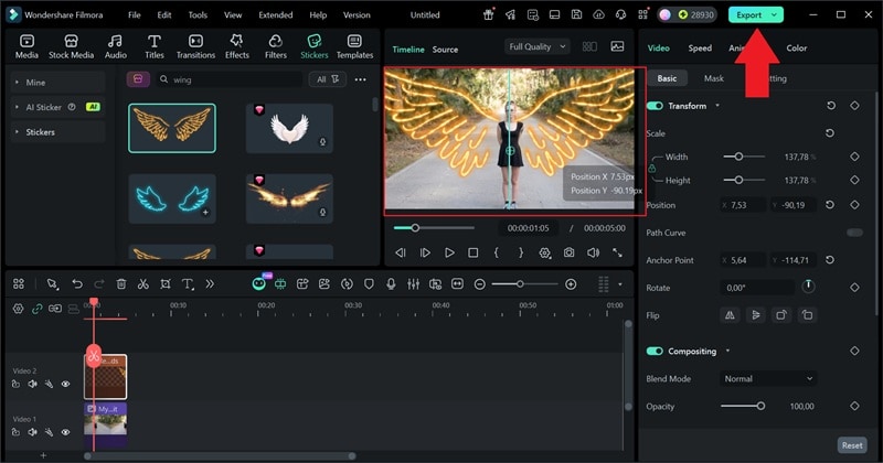 adjust wing position and export