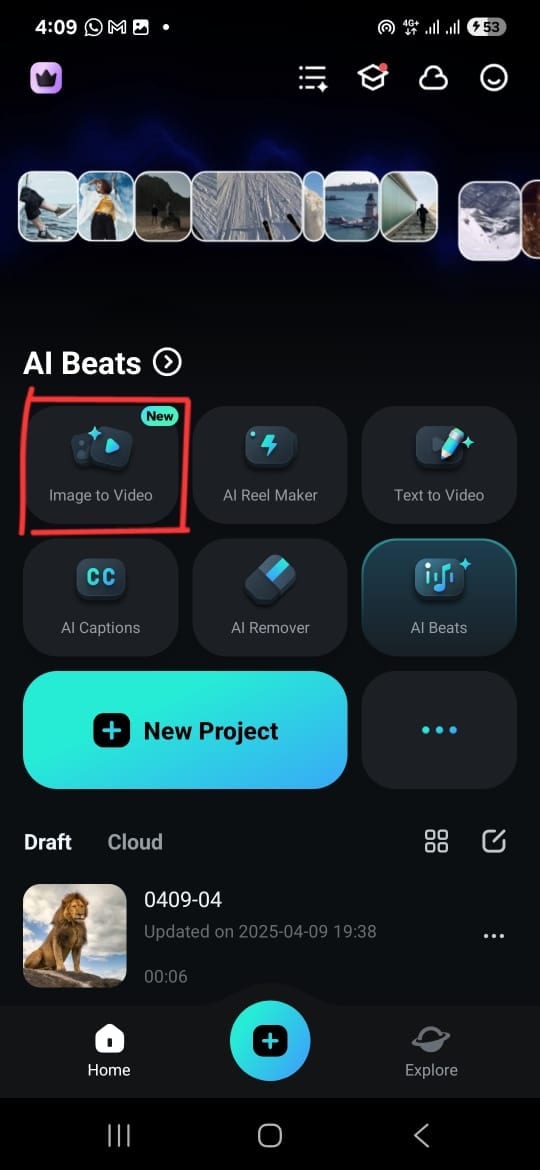 main menu on filmora mobile