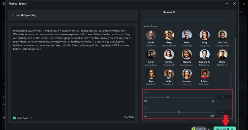adjust settings and generate ai voiceovers