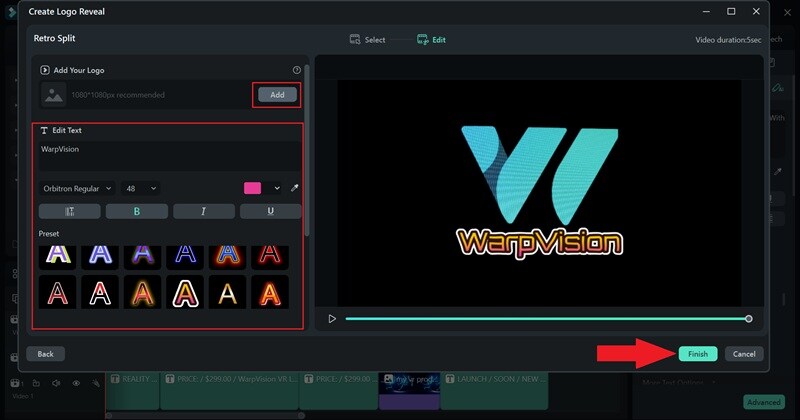customize text and generate logo reveal
