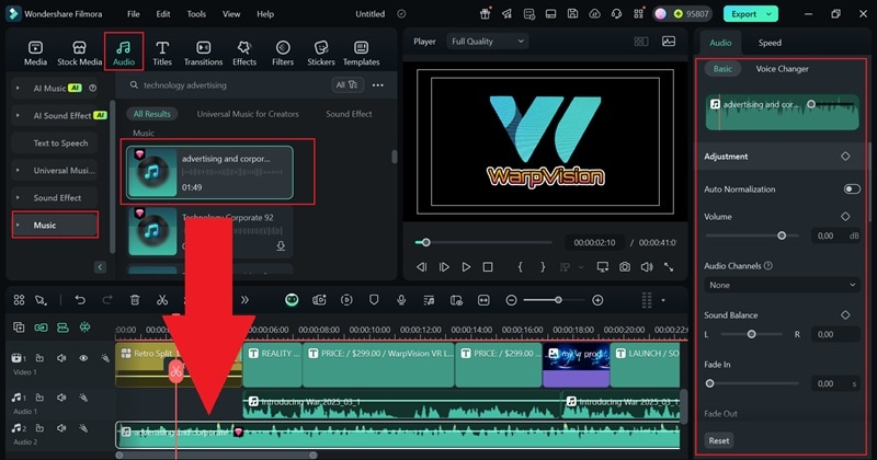 add background music from filmora library