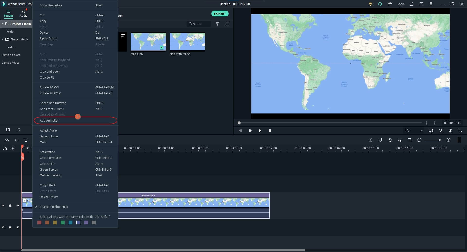 adjust the speed of animated travel map in Filmora X