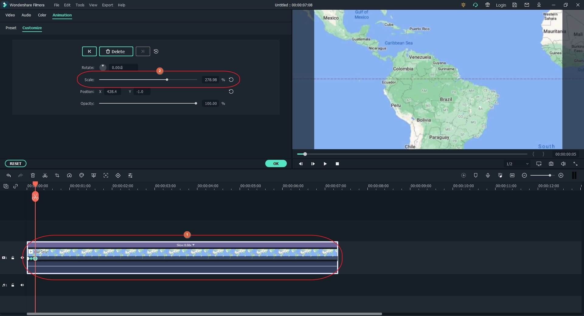 ajouter une échelle d'animation à une carte de voyage animée dans Filmora X