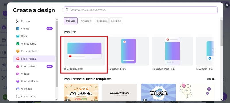 select youtube banner on canva