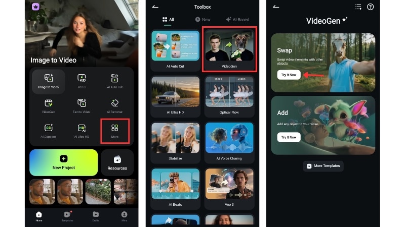 access the videogen tool in filmora