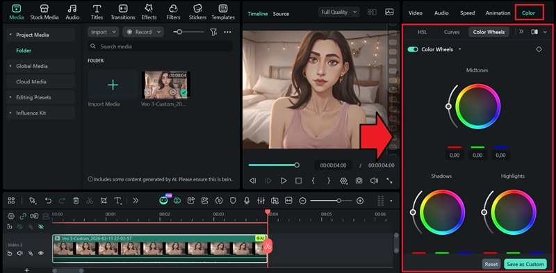 access filmora color correction tools